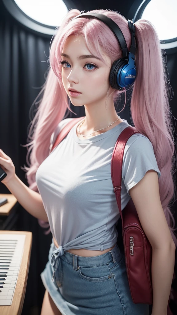 (A beautiful girl wearing a blue T-shirt, a red checked miniskirt, and a yellow backpack is wearing headphones and singing in front of a fixed microphone in a recording studio, and is posting a picture of her on social media.) (This beautiful girl is , 18% Japanese, 26% French, 56% Ukrainian, 178 cm tall, has a small bust but a good figure and a beautiful, well-balanced figure.) (Her hair is pink ash gray and very long, tied in twin tails with black ribbons, and curls in a spiral toward the ends.) (Her eyebrows are the same color as her hair, thin, slightly thick, and short, and her eyelashes are long.) (Her big blue eyes reflect the light of the lighting and are amazingly beautiful like pearls.) (Her nose is high like an English person, her lips are plump and shaped so that you want to kiss them, her skin is translucent white, and the balance between her head and face is traditionally Japanese.) Aesthetics. The number of fingers is also noteworthy, but not too many or too few, and is expressed very delicately. (Single, Masterpiece, Ultra Detailed, Highest Quality, Artistic Composition, Ultra Accurate, Realistic, Photorealistic, High Resolution, Dynamic Lighting Effects, Golden Ratio, Ultra Realistic). Try to emphasize facial expressions and features. Do your best to meet all these criteria.