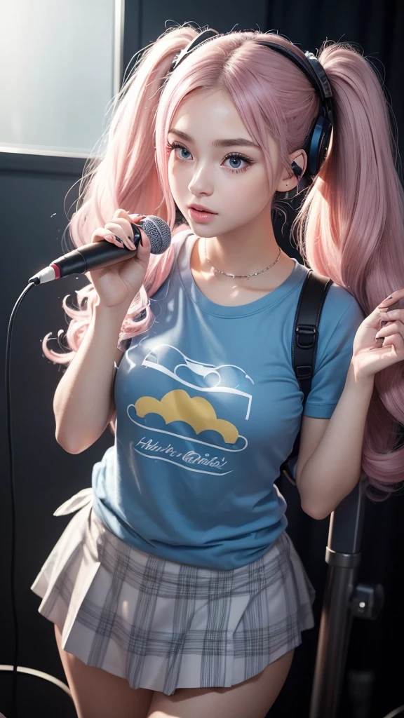 (A beautiful girl wearing a blue T-shirt, a red checked miniskirt, and a yellow backpack is wearing headphones and singing in front of a fixed microphone in a recording studio, and is posting a picture of her on social media.) (This beautiful girl is , 18% Japanese, 26% French, 56% Ukrainian, 178 cm tall, has a small bust but a good figure and a beautiful, well-balanced figure.) (Her hair is pink ash gray and very long, tied in twin tails with black ribbons, and curls in a spiral toward the ends.) (Her eyebrows are the same color as her hair, thin, slightly thick, and short, and her eyelashes are long.) (Her big blue eyes reflect the light of the lighting and are amazingly beautiful like pearls.) (Her nose is high like an English person, her lips are plump and shaped so that you want to kiss them, her skin is translucent white, and the balance between her head and face is traditionally Japanese.) Aesthetics. The number of fingers is also noteworthy, but not too many or too few, and is expressed very delicately. (Single, Masterpiece, Ultra Detailed, Highest Quality, Artistic Composition, Ultra Accurate, Realistic, Photorealistic, High Resolution, Dynamic Lighting Effects, Golden Ratio, Ultra Realistic). Try to emphasize facial expressions and features. Do your best to meet all these criteria.