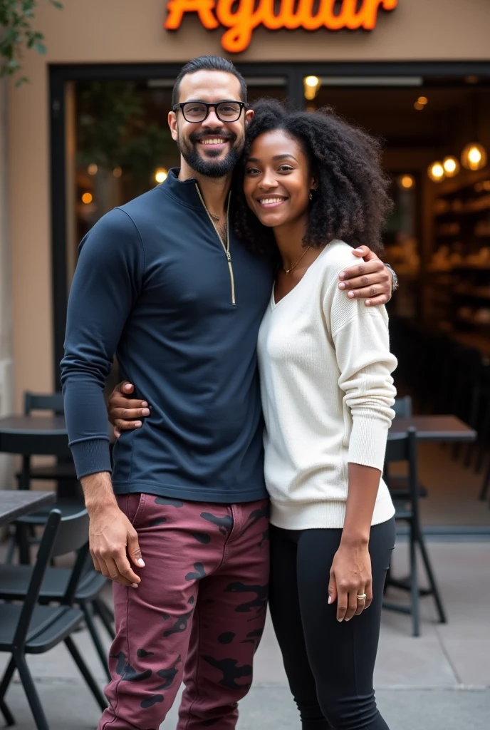 A slightly brown white man with a dark blue, tight-fitting zippered shirt and wine-colored army camouflage pants and black sneakers has a beard and glasses hugging a black woman with long curly hair pulled back and wearing a white sweater and black pants and white sneakers and they are in front of a bakery called Aguiar and has an orange logo and the tables and chairs are dark.