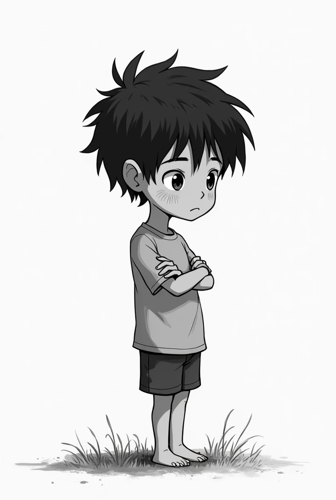 (((ghibli style))) a black and white boy with a thin body and crossed arms