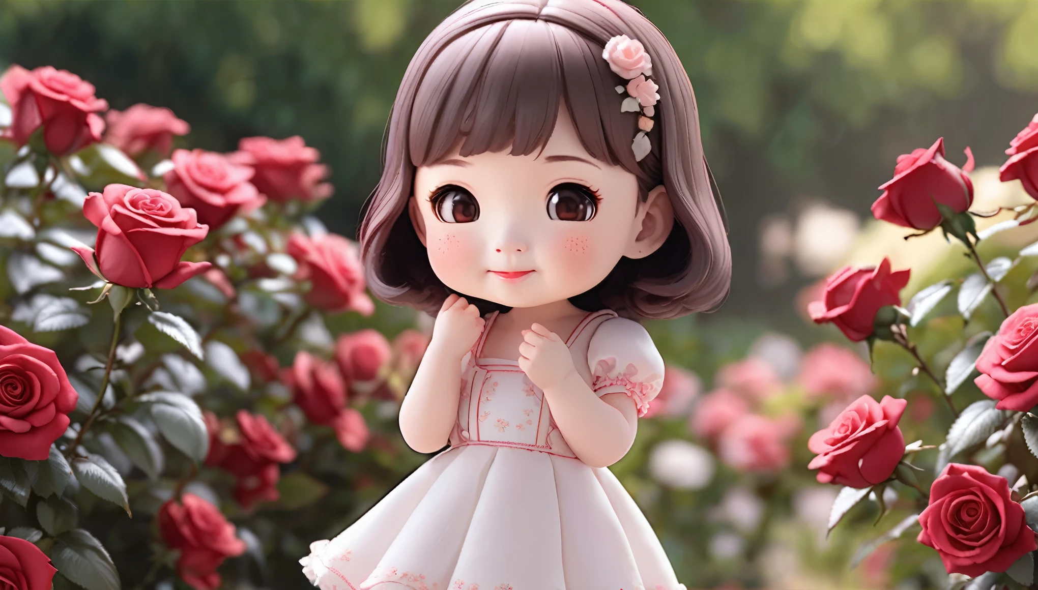 Photorealistic、Chibi Girl Doll(Holding a rose in her right hand and smelling the flower、Squinting、Cute Shoes、Standing posture、smile)、Rose Garden、Shoot from the side