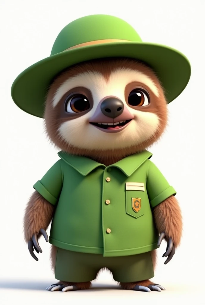 Hello, please help me create a Pixar-style sloth., The bear has a grass-green uniform, looks cute and has a green sun hat and is looking straight ahead., towards the screen on a white background