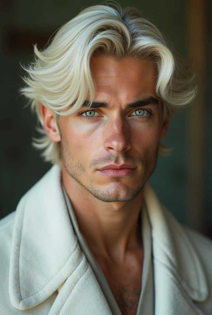 20's, man, 1 person, Soft platinum blonde hair, light green eyes, A handsome man with beautiful white skin, noble and holy appearance, languid eyes, expressionless, bust