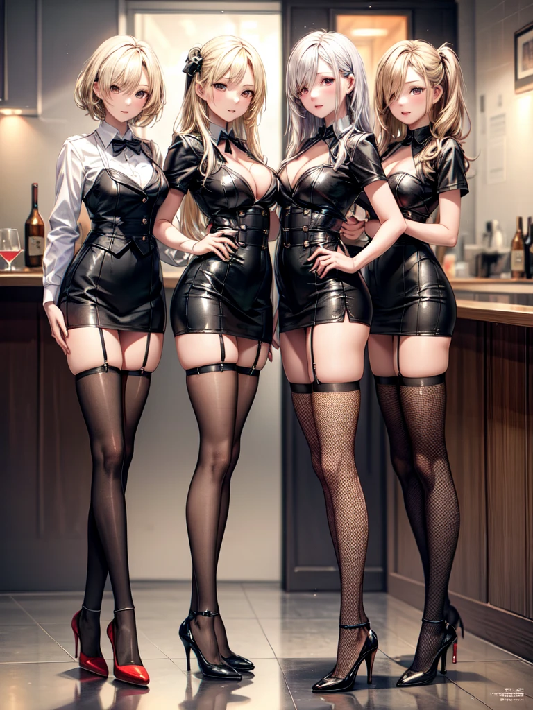 (masterpiece:1.3),(best quality, highest quality),((Full Body Shot,Including face)), 1girl, 4K, masterpiece, ((Focus on the face)),((Symmetrical facial features)),Beautiful woman,(slender), ((High heels,Patterned stockings with straps)), Detailed depiction of the face, bar counter, slenderな女性,Highest quality, masterpiece,Detailed Images,National flag,alone,20-year-old,Beautiful Face,(Upper Body),Hair on one eye,Medium Sidecut, Blonde, Sharp focus,Black and red uniform,Tight Skirt,(High heels:1.5),