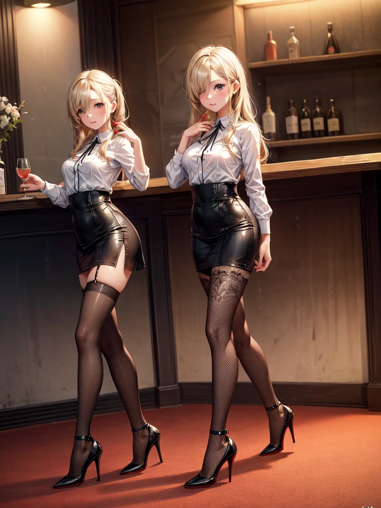 (masterpiece:1.3),(best quality, highest quality),((Full Body Shot,Including face)), 1girl, 4K, masterpiece, ((Focus on the face)),((Symmetrical facial features)),Beautiful woman,(slender), ((High heels,Patterned stockings with straps)), Detailed depiction of the face, bar counter, slenderな女性,Highest quality, masterpiece,Detailed Images,National flag,alone,20-year-old,Beautiful Face,(Upper Body),Hair on one eye,Medium Sidecut, Blonde, Sharp focus,Black and red uniform,Tight Skirt,(High heels:1.5),
