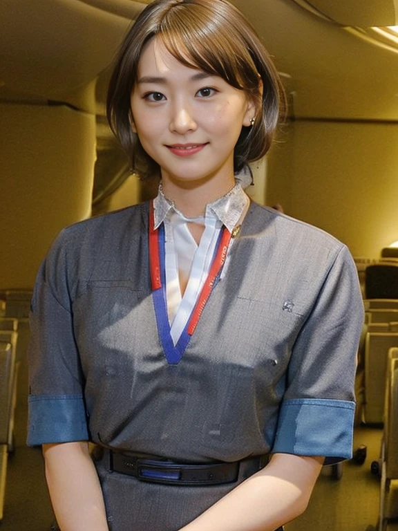 (Masterpiece, Best quality:1.4), (Ultra realistic, Photo-realistic:1.2), Natural light, 25 years old actress, Japanese women, Neat and clean, (cabincrew uniform:1.2), (unbutton:1.3), (Short wavy hair:1.2), ponytail, Light brown hair color, (Beautiful Face), Oval face, clear, (Beautiful eyes, Kind eyes), (Clear skin), Small face, (Small mouth, Beautiful mouth), Natural makeup, Approachable, Luxury hotel Suite room, On bed, (nsfw:1.3), Seductive smile, (Seductive pose:1.3), (Beautiful thighs:1.1), Bedroom eyes, Group photo
