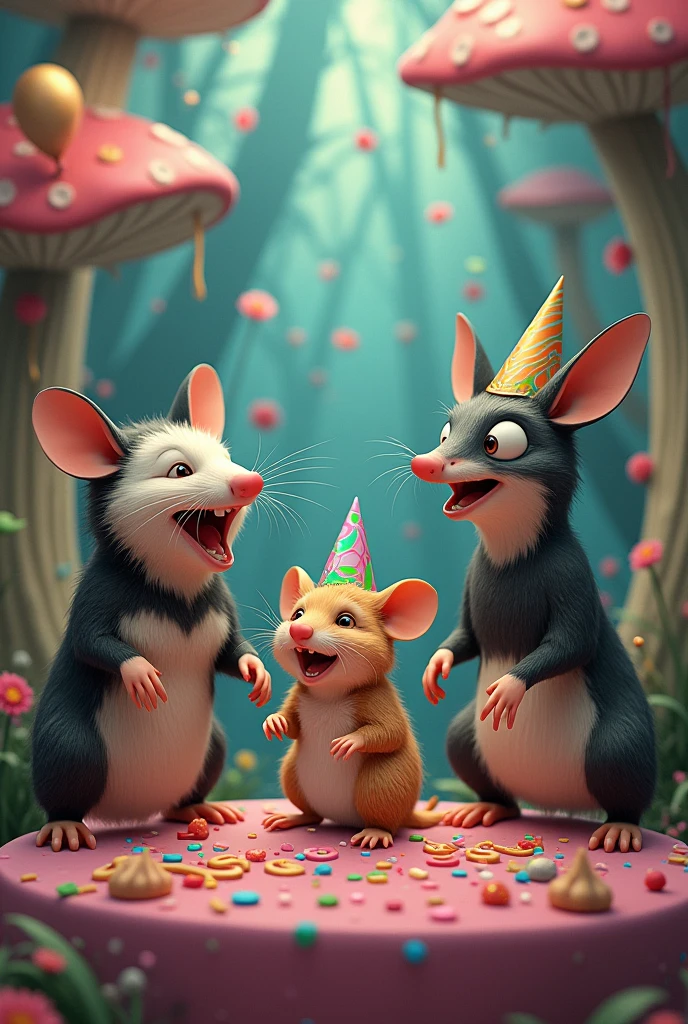 A possum and a crow and a hamster at a birthday party in Wonderland laughing