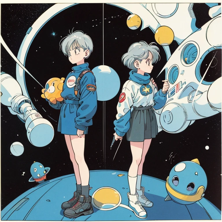 (a cute girl,gray hair,medium short hair,black sweater),(full body),(flat fill,analogue,1990s,comic,Simple line art,retro anime),(many colorful stars,plant,night,space,shooting star),Cute face、(Planetary orbits)、(astronomy、mysterious、no gravity、Chrono Trigger,Nausicaa,Kiki、Yuri Norstein)