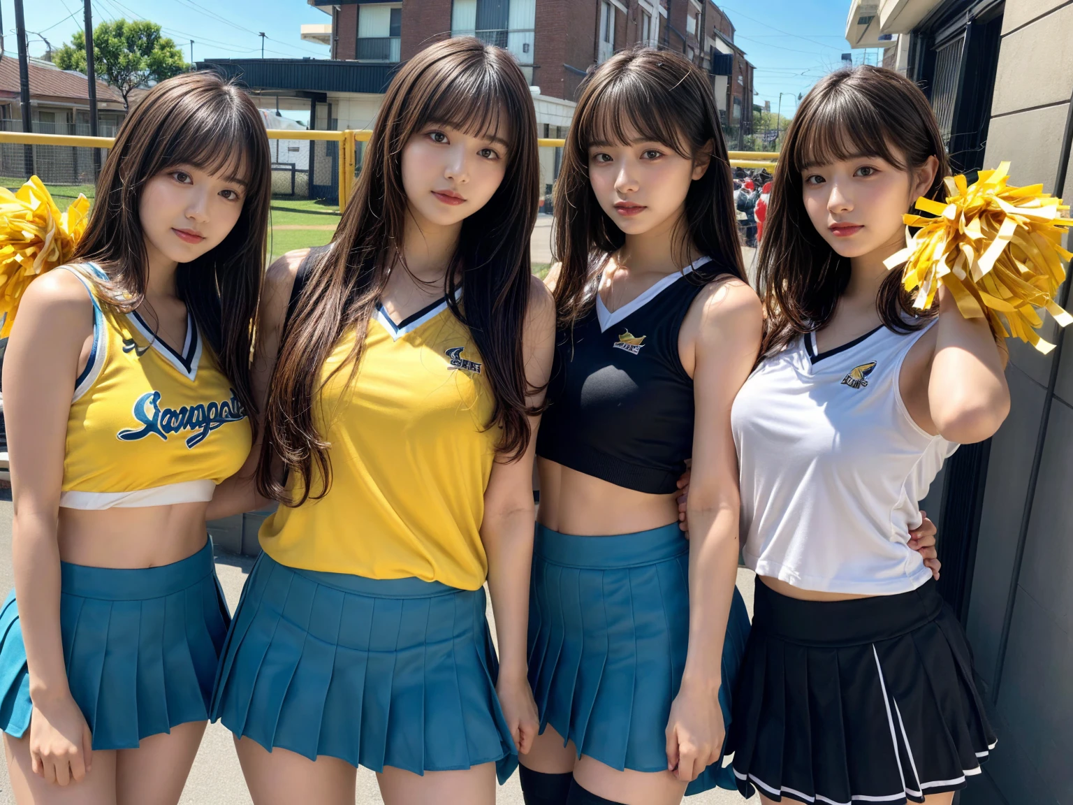 masterpiece, best quality, illustration, Super detailed, fine details, High resolution, 8K,wall paper, perfect dynamic composition,(Details High quality, realistic depiction of eyes:1.3), (3 girls), BREAK (cheerleader uniform with yellow as basic color:1.3), (holding a yellow pompoms in hand:1.4), (sleeveless yellow tunic with baseball team logo:1.4), yellow tops, (bold V-neck:1.3), ((Blue lines, black lines) on tops:1.3), ((fit and flare, A-line):1.3), (A-line yellow rah-rah skirt:1.3), mini skirt, (black socks:1.3), (sports shoes:1.2), sitting, open legs, short bob hair, in a hotel room in the background, deep on field, large breasts, black hair color, Big Natural Color Lip, (perfect body shape), crying a little、Harajuku style、20 year old girl、cute type、beautiful legs, Gravure Idol