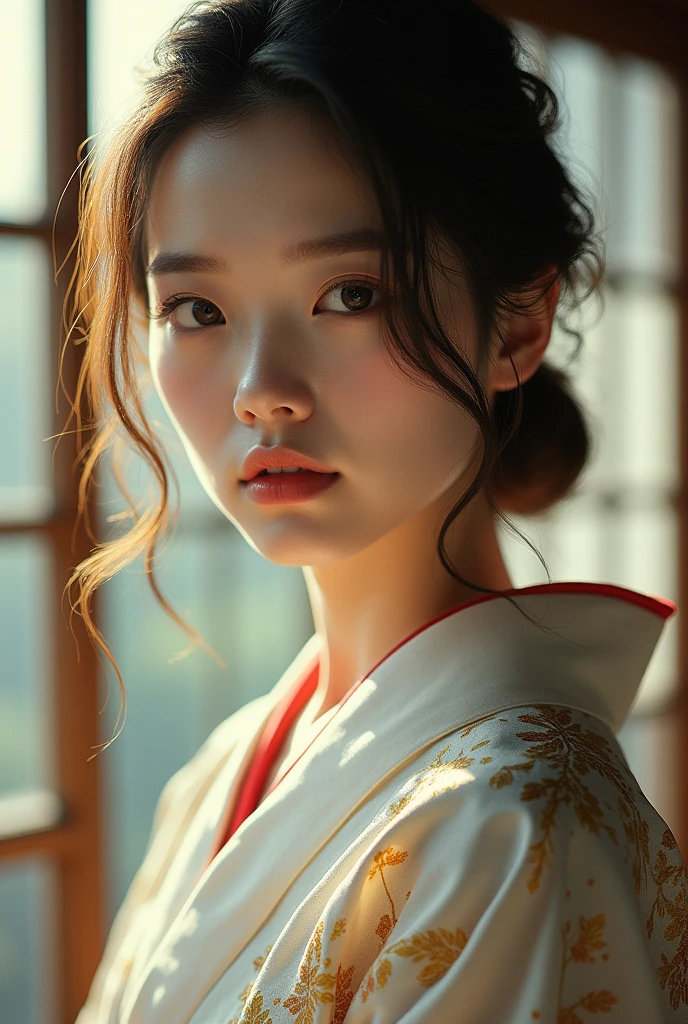 An elegantly dressed Japanese woman in natural light、A close-up of her chest and calm expression.、It shows her inner peace and outer charm.。