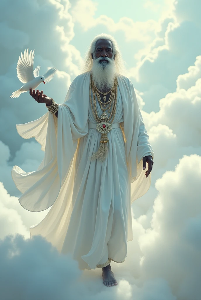 Orisha Black Man, elder, white bearded, Walking on clouds, White tunic, white necklaces, holding a white dove in his hand