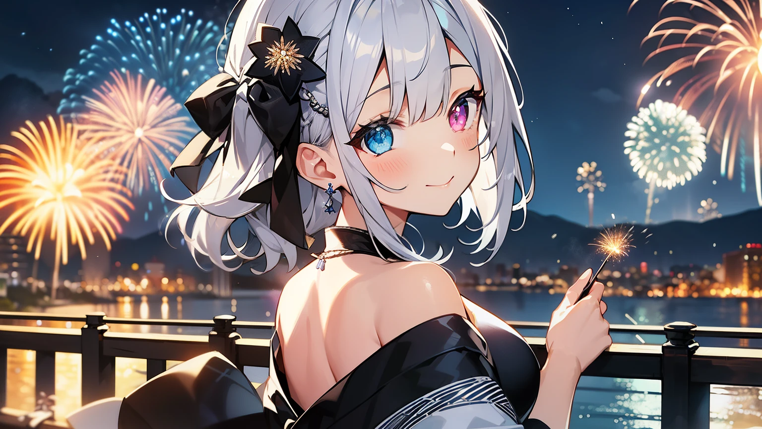Best quality、Photorealistic、Ultra-detailed、delicate、Orderly、High Detail、Bluish Silver Short Bob、(Drooping heterochromia iris,glowing eyes、Sparkling Eyes:1.3)、Slender、(One girl:1.2)、( kimono, From behind, Off the shoulder, Scapula, Outdoor, night, firework, Captivating smile, View your viewers,:1.3)、Ambient Occlusion、Ambient Light、Ray-traced Reflections、Glow、Shiny Hair、