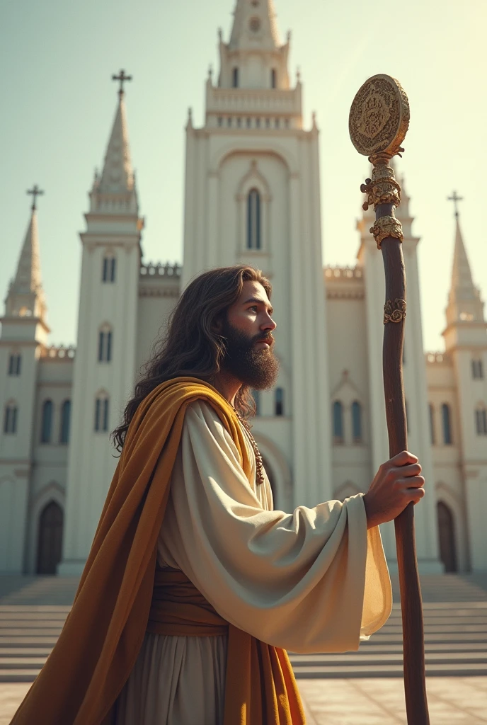 Make an image of Jesus Christ, in front of the church of jesus christ of latter-day saints, relating the staff