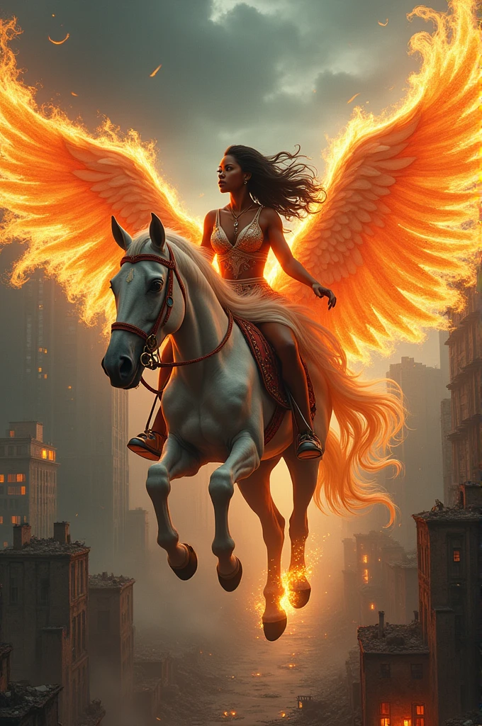 Black girl flying on a flaming horse with wings over a devastated city