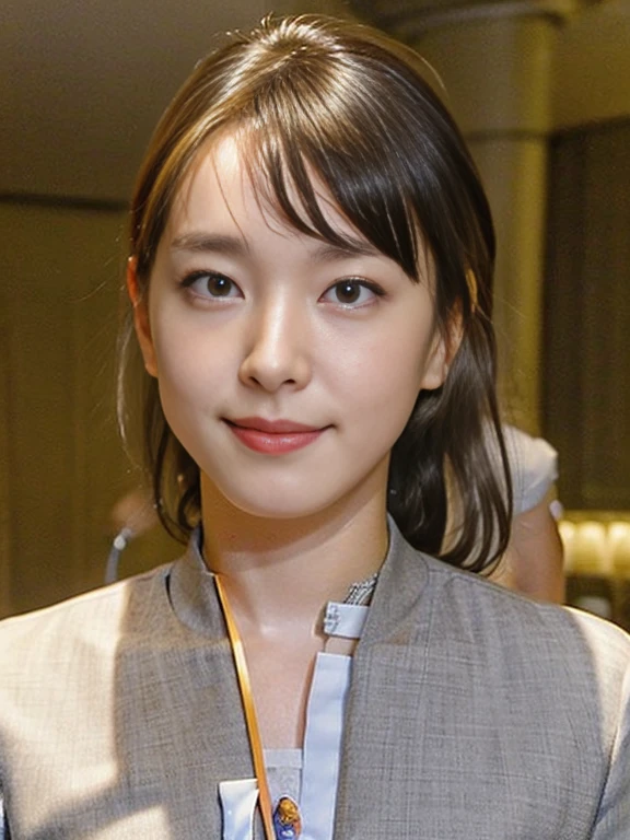 (Masterpiece, Best quality:1.4), (Ultra realistic, Photo-realistic:1.2), Natural light, 25 years old actress, Japanese women, Neat and clean, (cabincrew uniform:1.2), (unbutton:1.3), Short wavy hair, (ponytail:1.2), Light brown hair color, (Beautiful Face), Oval face, clear, (Beautiful eyes, Kind eyes), (Clear skin), Small face, (Small mouth, Beautiful mouth), Natural makeup, Approachable, Luxury hotel Suite room, On bed, (nsfw:1.3), Seductive smile, (Seductive pose:1.3), (Beautiful thighs:1.1), Bedroom eyes, Group photo
