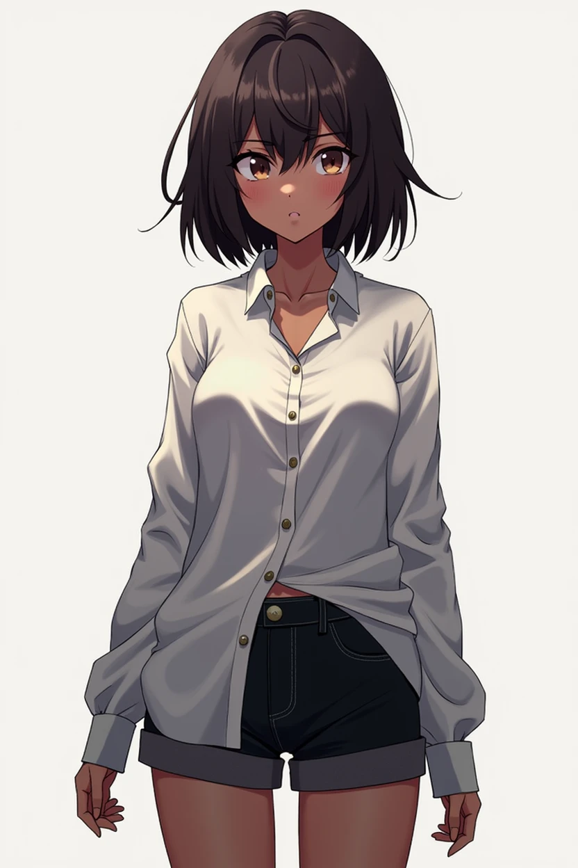 anime girl, dark-skinned, dressed in a long men's shirt, and some black shorts