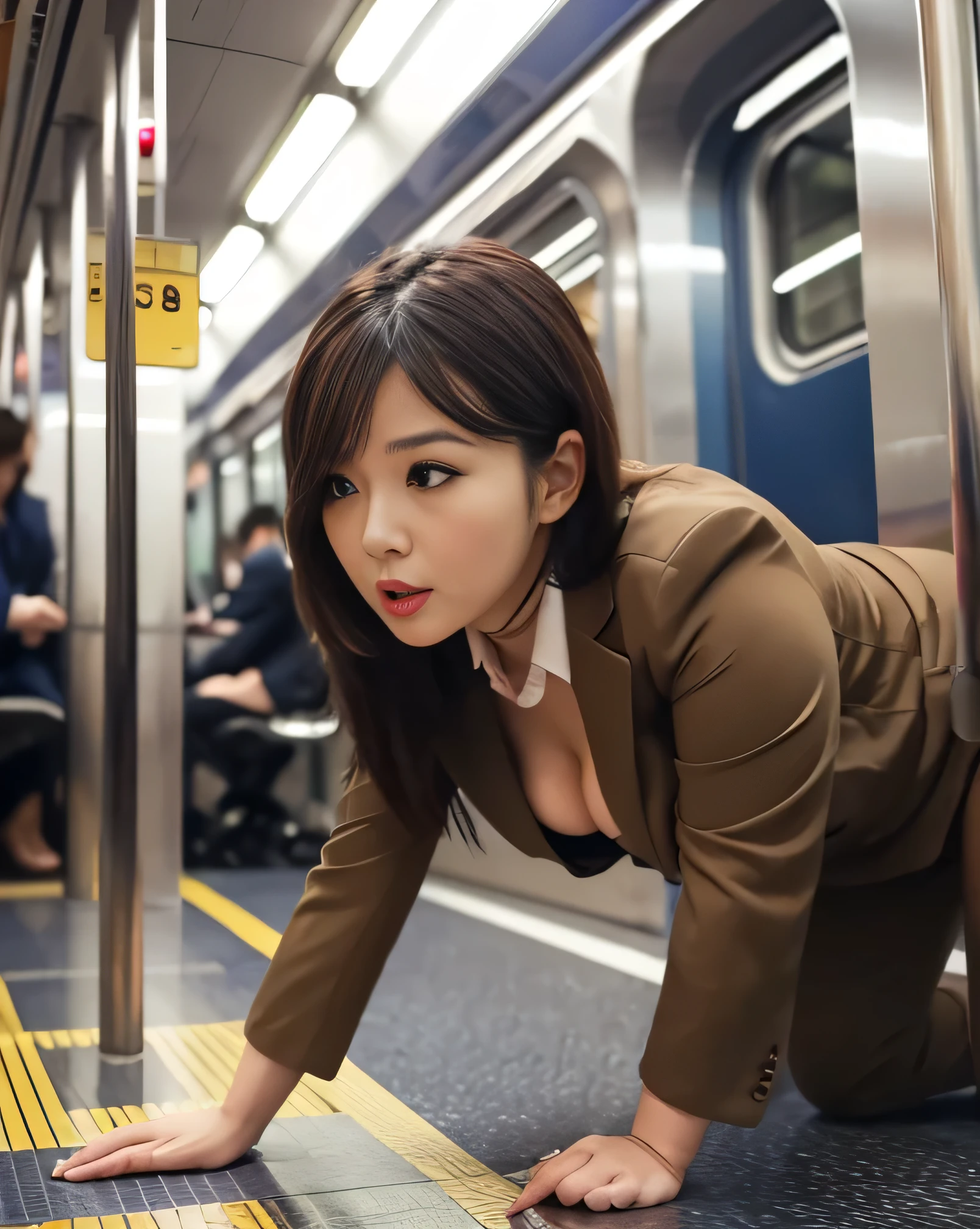 NSFW, ((8K)), highest quality, 超High resolution, (Surreal)、(High resolution), ((A very fat woman in a is crawling on all fours)), ((business suit)), cleavage, Japanese, in the train