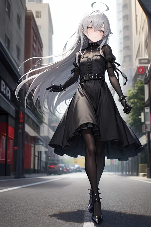 ((best quality)), ((masterpiece)), (detailed), 1 girl, full body, 18 years old, depressed face, silver eyes, blushing, silver hair, long hair, ahoge, bangs, lock of hair covering her right eye, full body, very tall, very small breasts, flat chest, thin body, grey hood, metal spikes, grey wristbands, long black gloves with spikes, grey gothic outfit, gothic lolita dress, puff sleeve, grey dress with metal spikes, blades on the steering wheel, metal emblem, somewhat tight, black belt, pale skin, black pantyhose, black shoes, walking through the city, metal spikes coming out of the road, looking at me, city background, anime