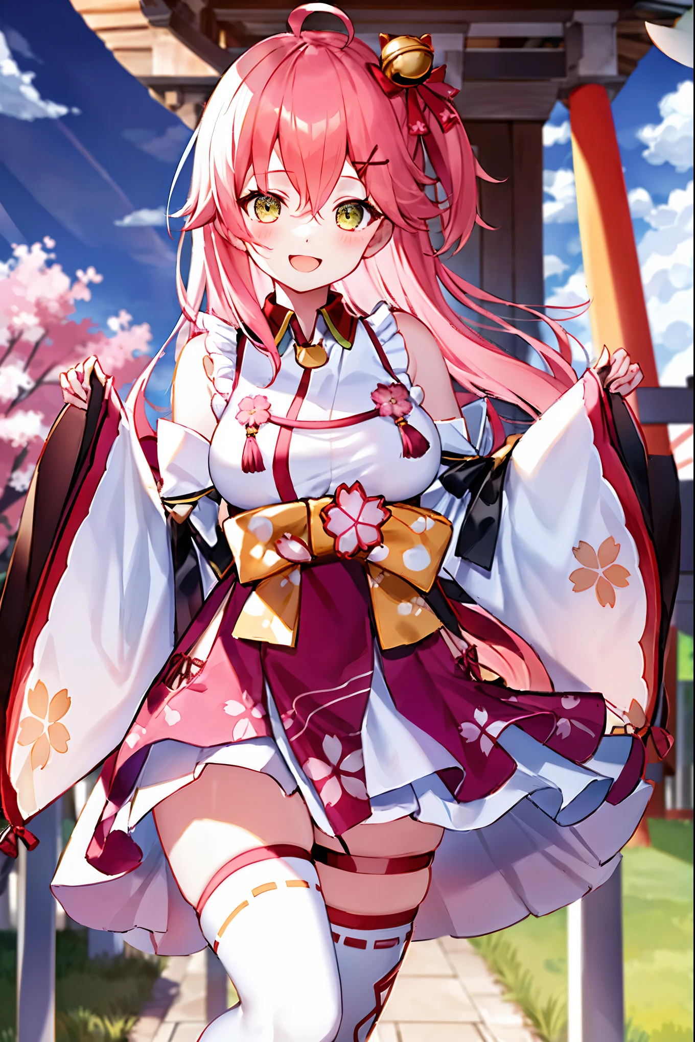 masterpiece, best quality, highres, miko1, sakura_miko, 1girl, big_boobs, solo, ahoge, x_hair_ornament, pink_hair, floral print, hairclip,(side_less_clothes:1.5), (side_boobs:1.5), hair_bell, floral print, long_hair, hair between eyes, one side up, white thighhighs, asymmetrical legwear, wide sleeves, open_mouth,(happy:1.3),gleen_eyes,big_smile,(rise_leg:1.3),plump,apart_legs,(overly_long_sleeves:1.3),),sleeves_past_wrists,hands_hidden_sleeves,sidelock_clothes,dynamic_posing,solo,hidden_wrists,(XD:1.4),covered_nipples,sunlight,cherryblossom_temple_landscape_background,
