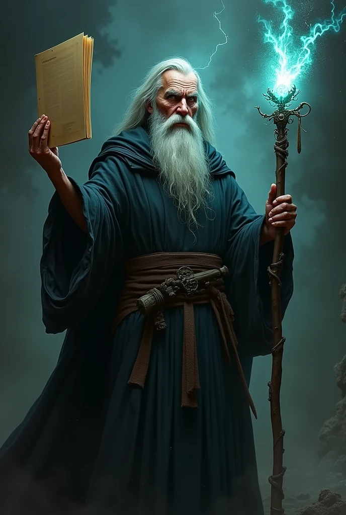 dark wizard, magic coming out of your eyes, file folders floating in one of his hands, and in the other a staff with a shining magic stone.
