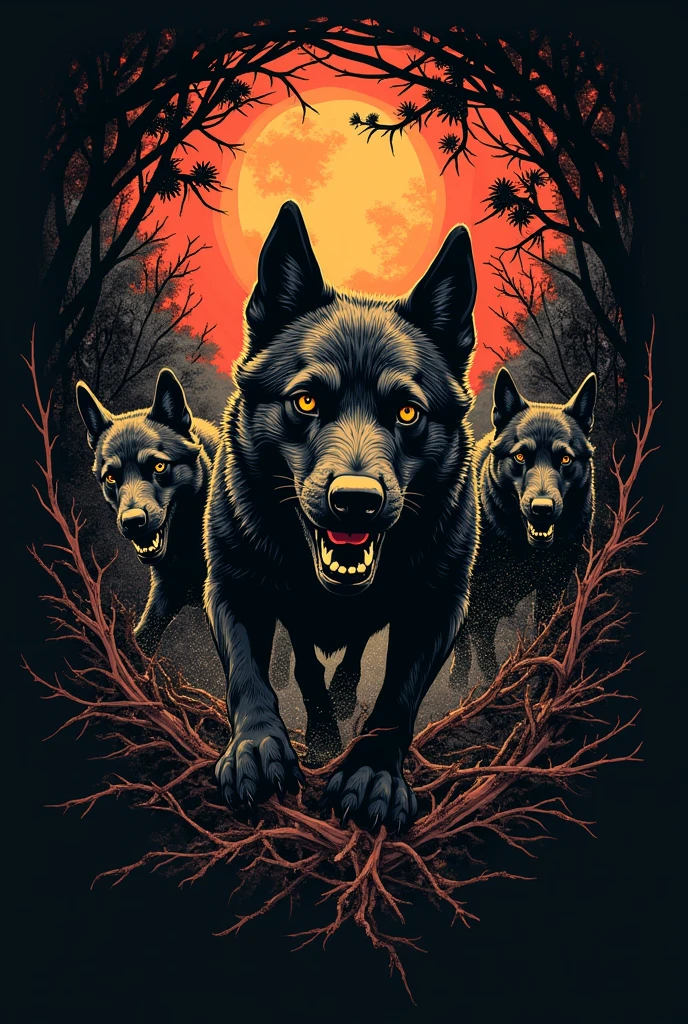 Logo for motorcycle club with the name Caatinga dogs with several dogs coming out of the middle of thorns