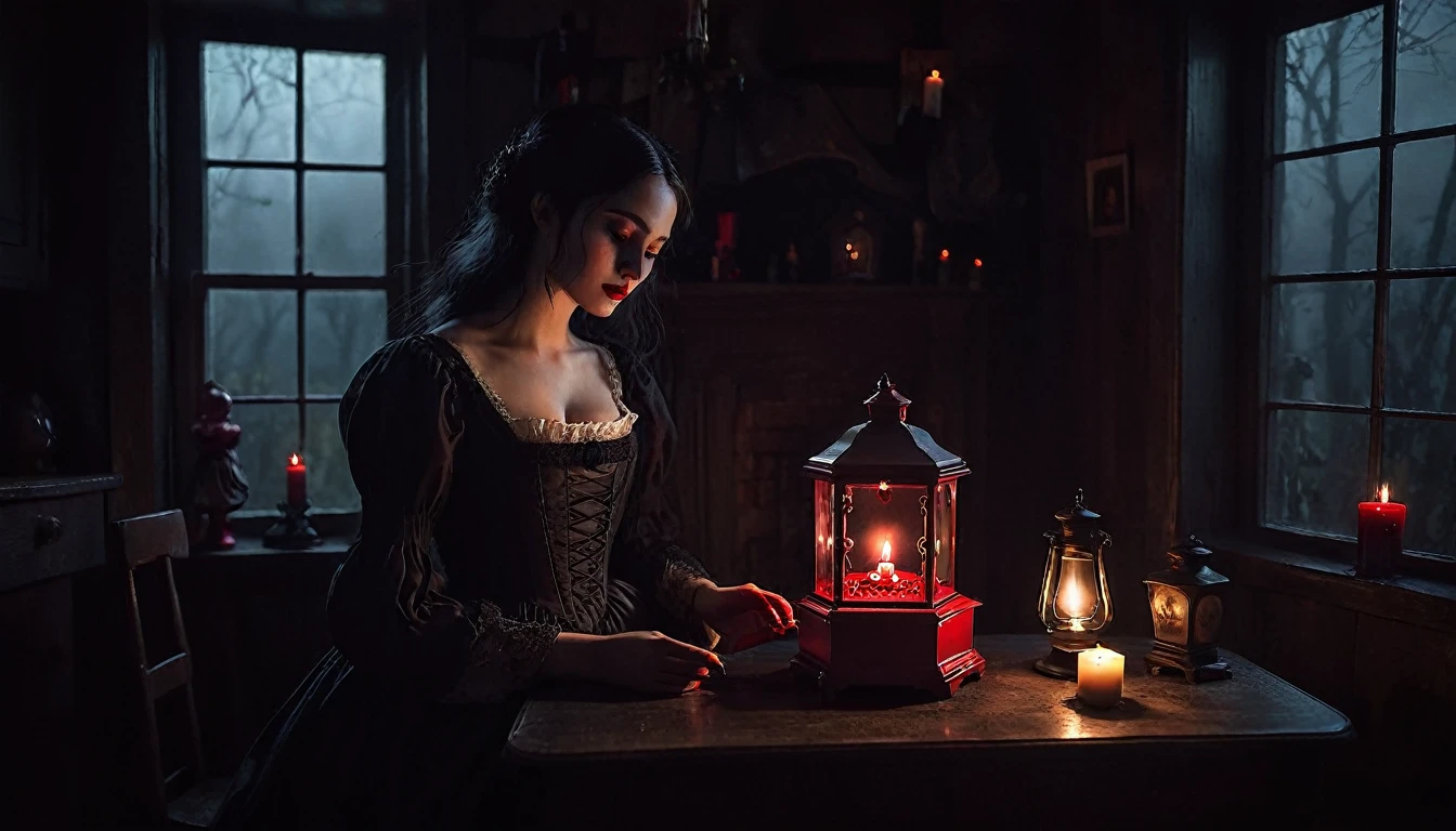 Witch woman in her humble home serving another woman with a red music box, gloomy atmosphere, little black candlelight, perfect and clear image
