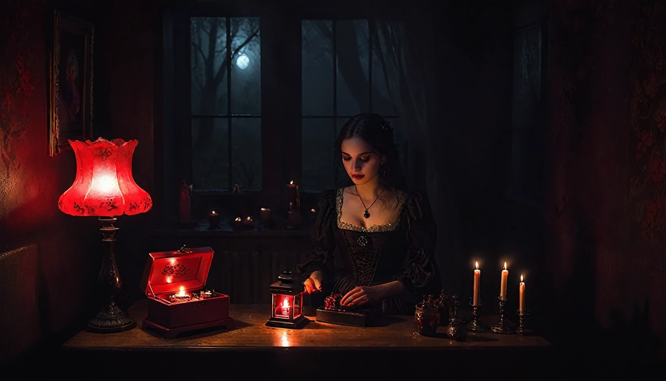 Witch woman in her humble home serving another woman with a red music box, gloomy atmosphere, little black candlelight, perfect and clear image