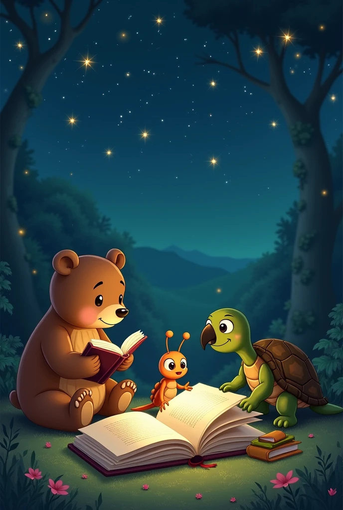 A starry night a bear,  Ant, turtle and parrot reading some books animated
