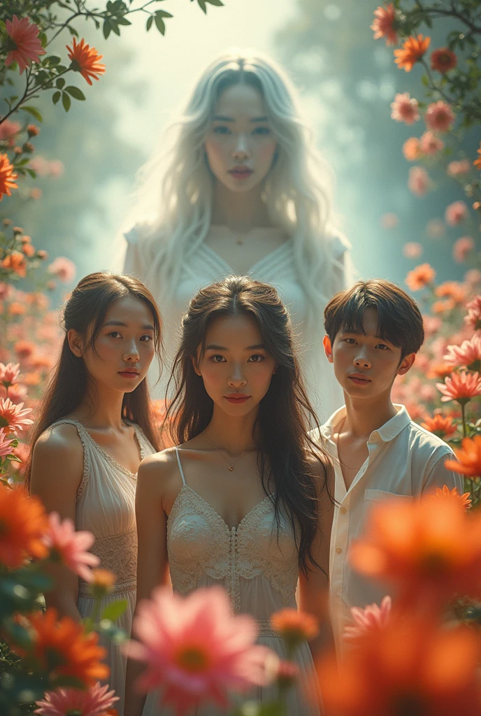 Inage, 24k, 3d, epic, movie posters, 2 woman and 2 man, 20yo, and background beautiful ghost lady, flower park,