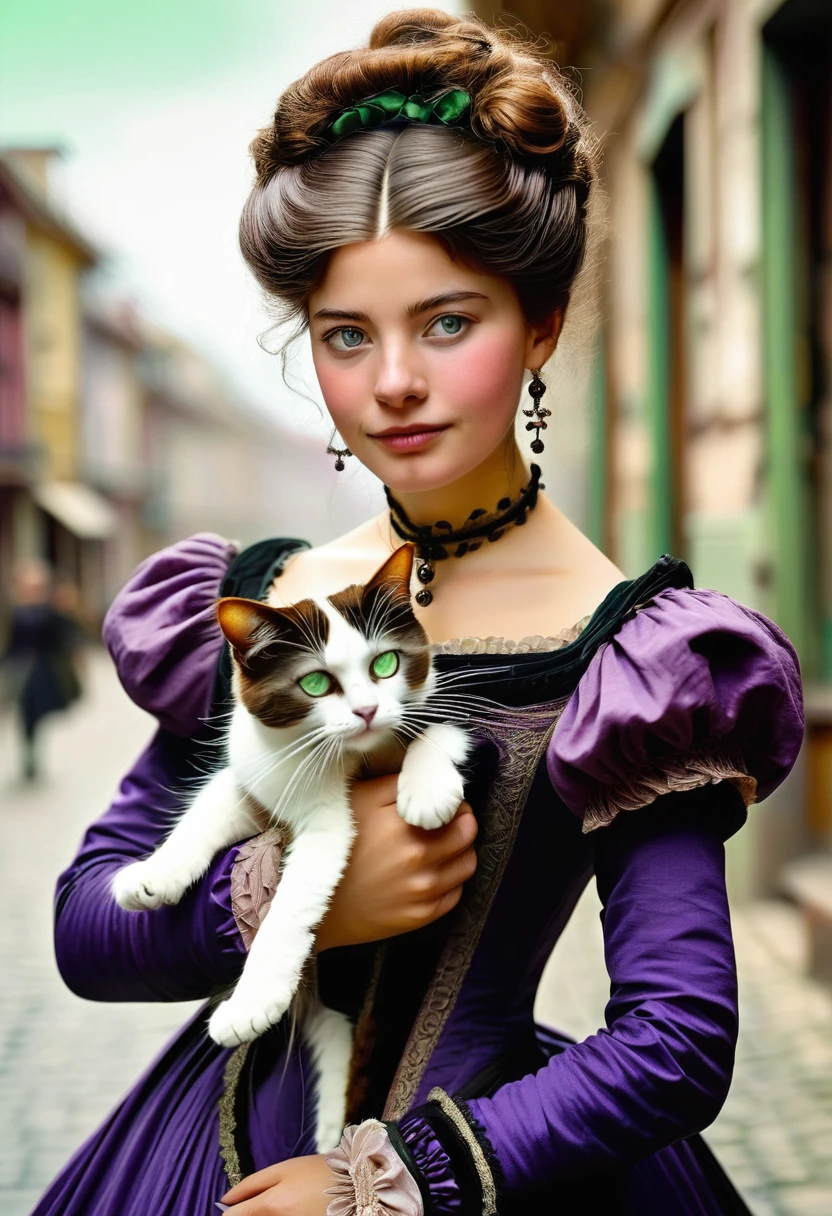 A 20-year-old woman with a hard and cold character, Brown hair updo and locks of hair, purple victorian era dress,green eyes, carrying a cat: black with white, In the background the city of Toulouse, 1880s