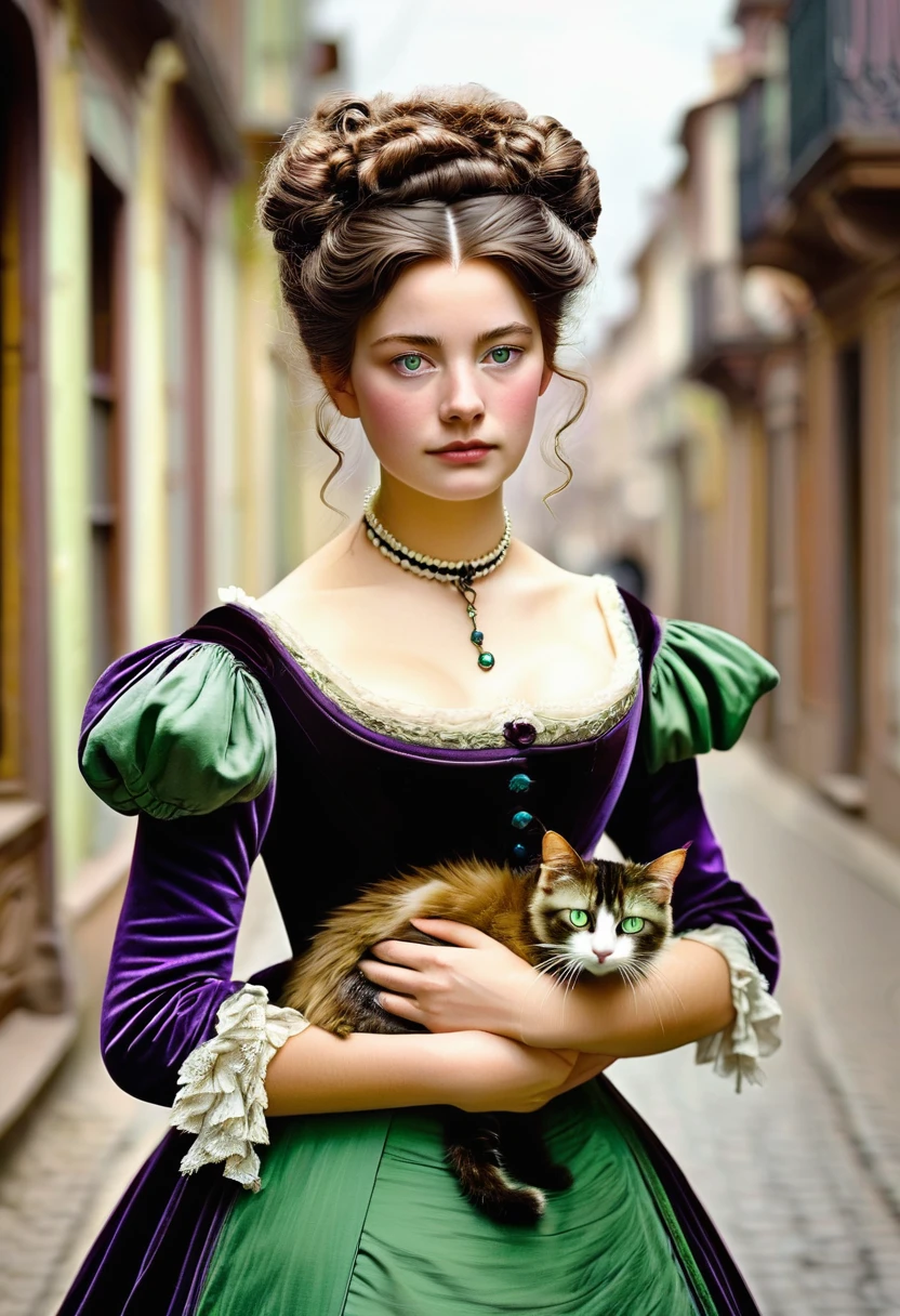 A 20-year-old woman with a hard and cold character, Brown hair updo and locks of hair, purple victorian era dress,green eyes, carrying a cat: black with white, In the background the city of Toulouse, 1880s