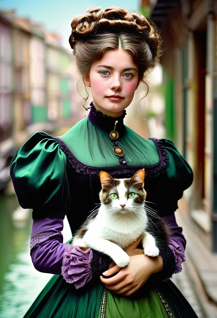 A 20-year-old woman with a hard and cold character, Brown hair updo and locks of hair, purple victorian era dress,green eyes, carrying a cat: black with white, In the background the city of Toulouse, 1880s