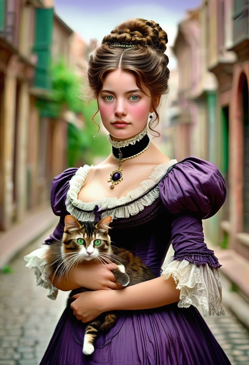 A 20-year-old woman with a hard and cold character, Brown hair updo and locks of hair, purple victorian era dress,green eyes, carrying a cat: black with white, In the background the city of Toulouse, 1880s