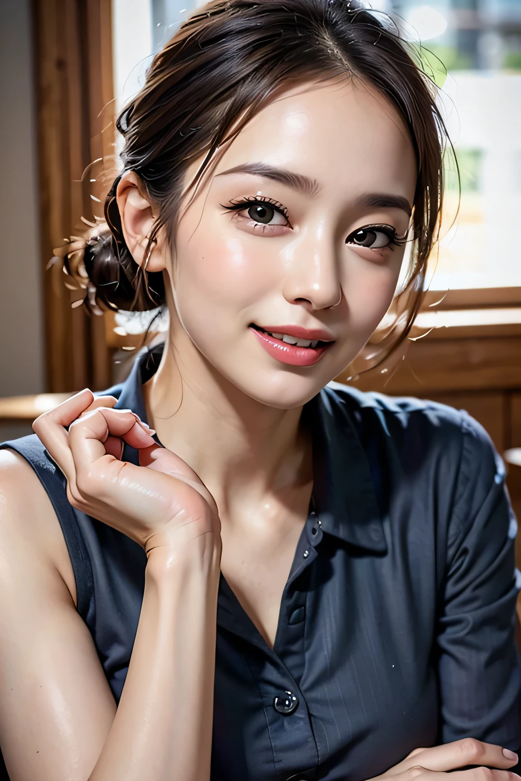 Tabletop, Highest quality, Very detailed, Shine, Shine光, Ray Tracing, hard diskR, Written boundary depth, (Perfect Face, Detailed face, Beautiful Eyes,Perfect hands,Perfect Fingers), 8k,hard disk,Ultra-realistic faces,Ray Tracing,Perfect lighting,Highest quality, Very detailed, Shine目, (Looking at the audience,smile with open mouth:1.1), ((1 girl)), (Mature Woman:1.4), chic,
1 girl,alone, Upper Body, (Police uniform), smile