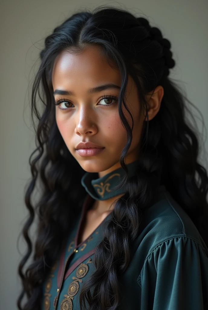 Uma Targaryen filha de Daemon Targaryen e Laena Valeryon, She is about 13 to 14 years old but looks like she is already 15 or 16 years old but still maintains a very youthful appearance., Even with her age, she is responsible and mature and also rebellious and difficult to deal with like her father., but has the consciousness of his mother, seu nome é Aurelys Targaryen, has hair like her sister Rhaena Targaryen, Her hair is long and curly but has braids all along its length., the difference is that yours are black like your grandmother's, her skin is dark like her mother's and her eyes are violet like her father's, She hates wearing dresses because she finds them uncomfortable and prefers to wear more masculine clothes., She also knows how to fight with swords perfectly, being strong and skilled., but even so it is of exuberant and admirable beauty, and also of great elegance.