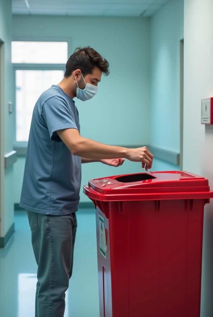A person in a hospital throwing away his mask in a red container.