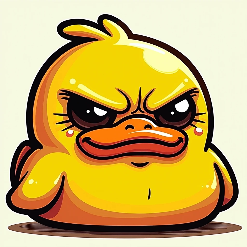 frumpy pouting upset unhappy rubberduck, juxtaposed by the silly adorable too cute precious kitten smiling and photobombing, wordless meme, cartoon,