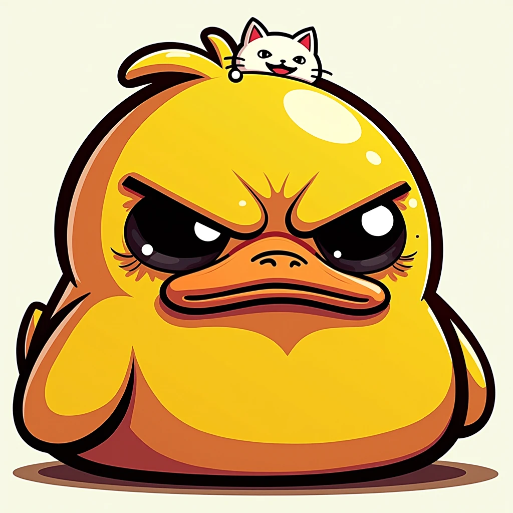 frumpy pouting upset unhappy rubberduck, juxtaposed by the silly adorable too cute precious kitten smiling and photobombing, wordless meme, cartoon,
