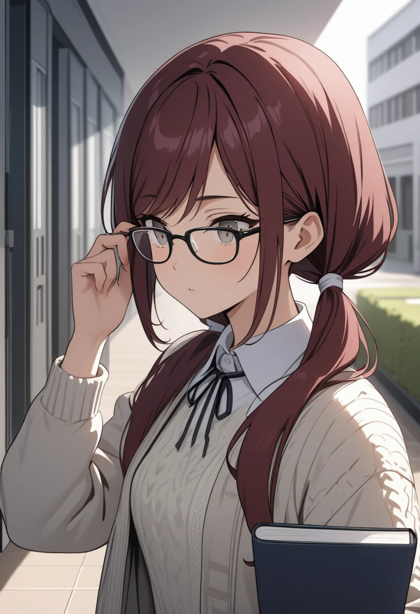 (masterpiece, best quality), stoic, adjusting glasses, holding book, beautiful face, upper body, close up, Gray eyes, dark red hair, swept bangs, low twin tails, white ribbons, glasses, knitted gray sweater over white collared shirt, small breasts, shadows, college campus, hallway, shadows, lockers, tiled floor, people in background, potted plants,