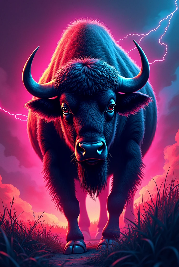 A poster with an illustration of a buffalo in neon colors