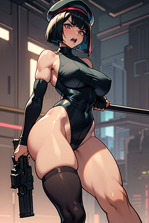  thick hips,  thick thighs, platform heels high cut leotard, huge breast, thin waist, bob cut hair, weapon, tanned skin, gun, angry look,  scream, thick body, fitness, stockings, beret, cyberpunk,