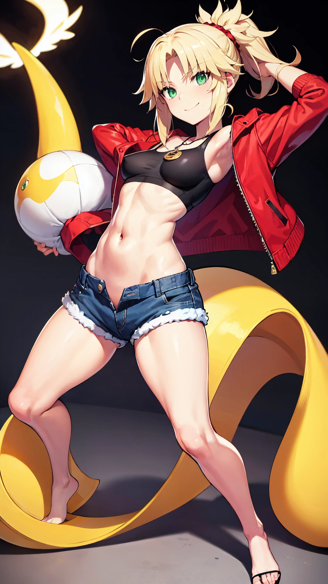fgomordred, modred, (green eyes:1.5), blonde hair, ponytail, short hair, scrunchie, red scrunchie, hair scrunchie, (small breast:1.2), blonde hair, denim, denim shorts, jacket, jewelry, midriff, navel, necklace, red jacket, short shorts, shorts, tube top, white top, looking at viewer, medium breasts, black background, seductive smile, ((full body)), (sexually suggestive), sexy legs, ((huge thighs)), bare arms