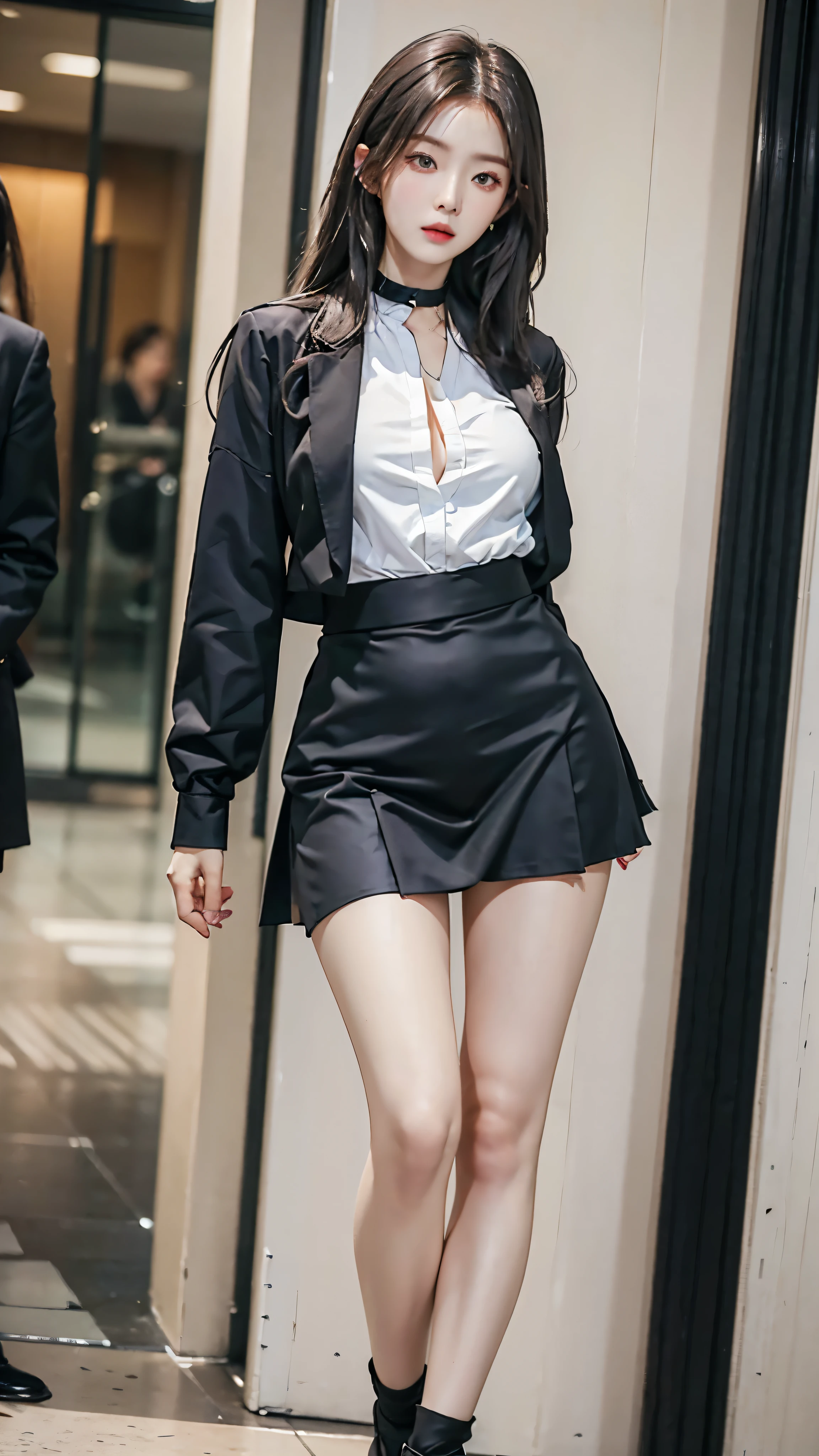 realistic, high resolution, 1 woman, butt up, beautiful eyes, gray hair, long hair, round eyes, collar shirt, belly button visible, black tie, black skirt, city street, short skirt that shows buttocks, dressed like a secretary