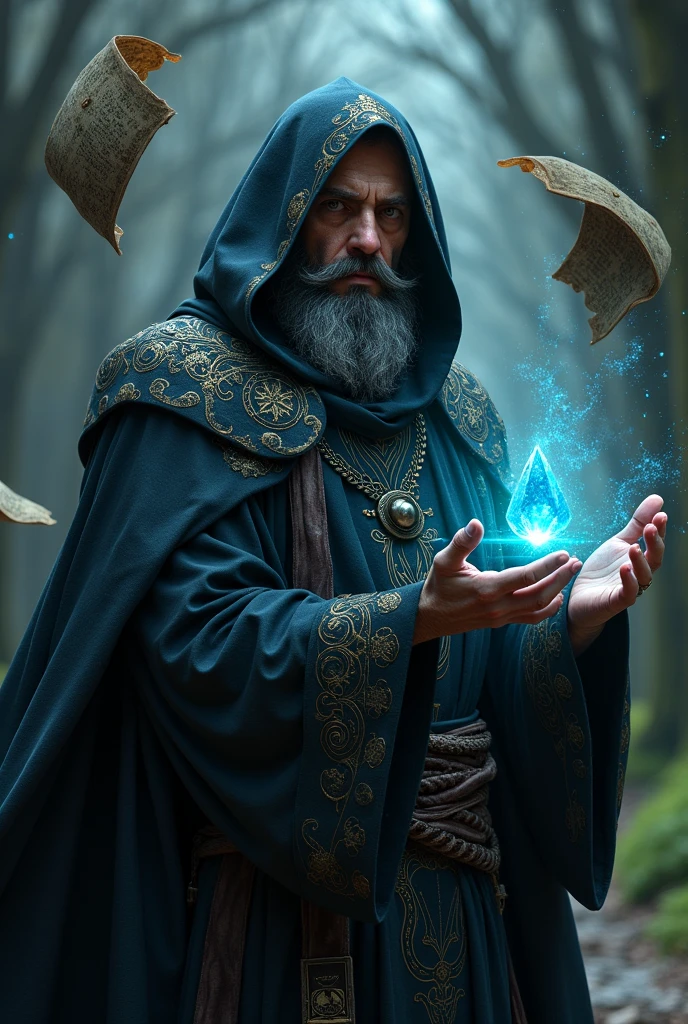 dark wizard, magic coming out of your eyes, folders floating in one of his hands, and in the other a staff with a shining magic stone.