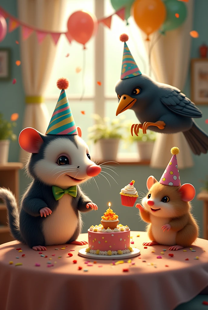 A possum and a crow and a hamster at a birthday party
