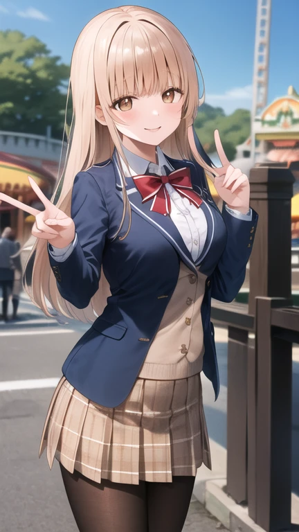 masterpiece, best quality, highres, aamahiru, long hair, red bowtie, blue jacket, blazer, long sleeves, plaid skirt, brown skirt, pantyhose, peace sign, amusement park, smile, standing