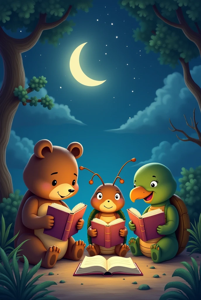 A starry night a bear, Ant, turtle and parrot reading some books animated