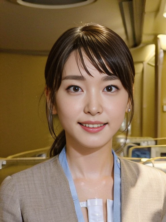(Masterpiece, Best quality:1.4), (Ultra realistic, Photo-realistic:1.2), Natural light, 25 years old actress, Japanese women, Neat and clean, (cabincrew uniform:1.2), (unbutton:1.3), (ponytail:1.2), Light brown hair color, (Beautiful Face), Oval face, clear, (Beautiful eyes, Kind eyes), (Clear skin), Small face, (Small mouth, Beautiful mouth), Natural makeup, Approachable, Luxury hotel Suite room, On bed, (nsfw:1.3), Seductive smile, (Seductive pose:1.4), (Beautiful thighs:1.2), Bedroom eyes, Group photo
