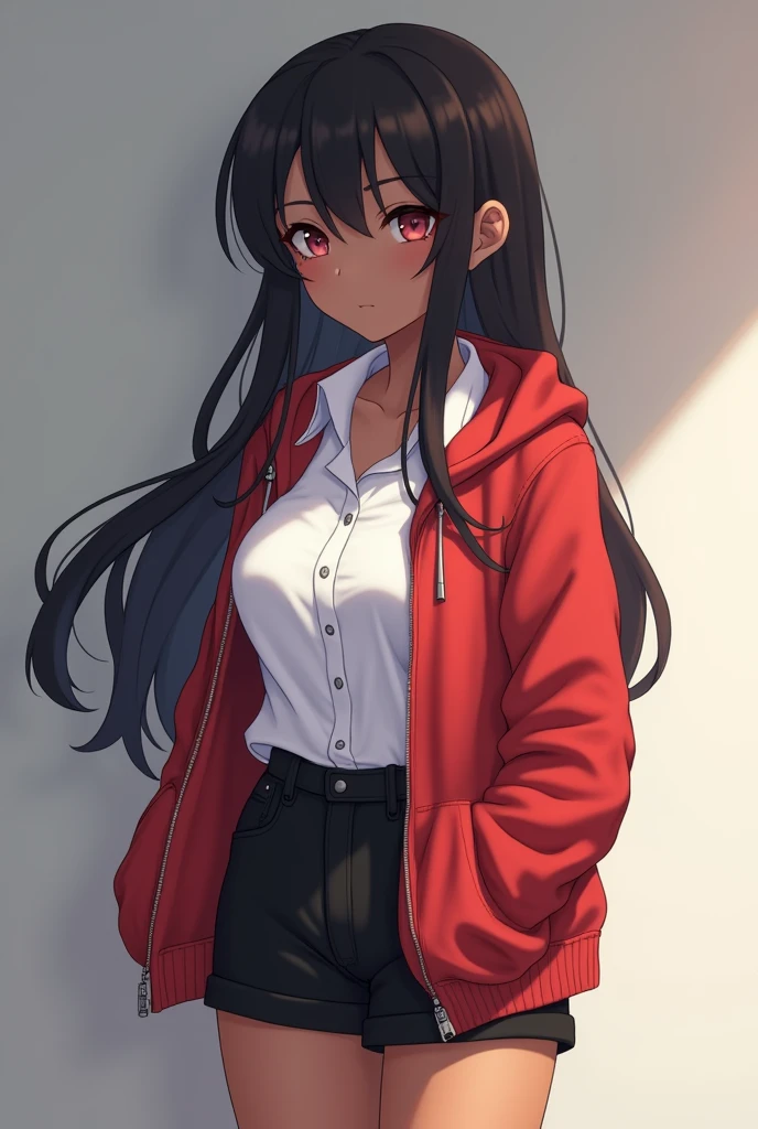 Dark skinned anime girl, with medium-sized breasts, with a long men's shirt, black shorts and a red jacket