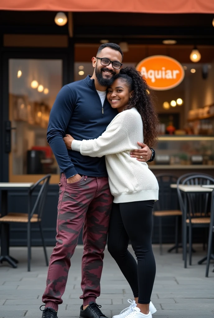 A slightly brown white man with a dark blue, tight-fitting zippered shirt and wine-colored army camouflage pants and black sneakers has a beard and glasses hugging a black woman with long curly hair pulled back and wearing a white sweater, black pants and white sneakers and they are in front of a bakery called Aguiar and it has an orange logo and the tables and chairs are dark.